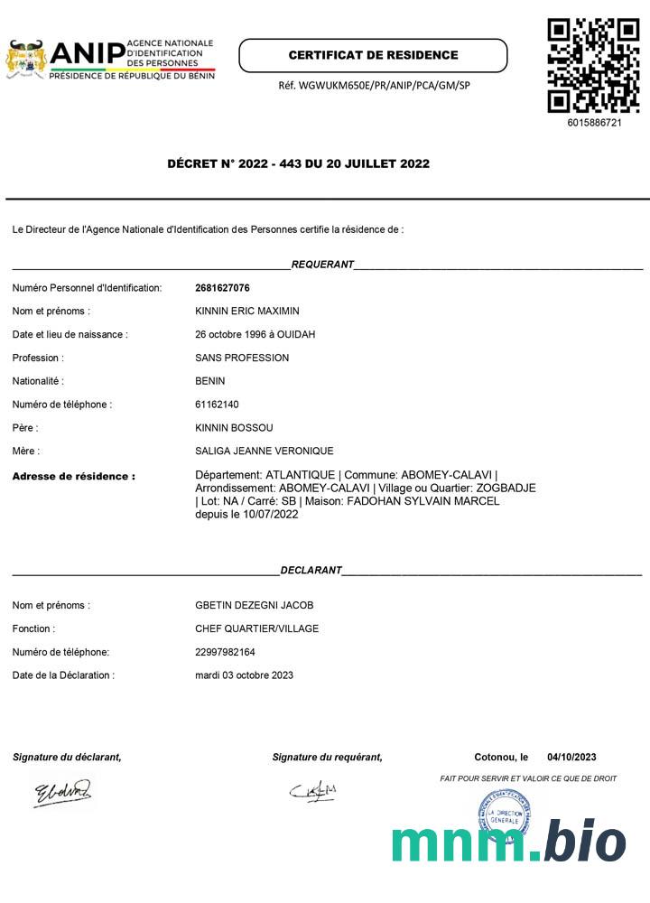 Benin ANIP Agence Nationale d’Identification des Personnes residence certificat